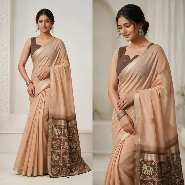 Peach_Woven_Zari_Border_Patola_Pallu_Tassel_Saree_For_Women