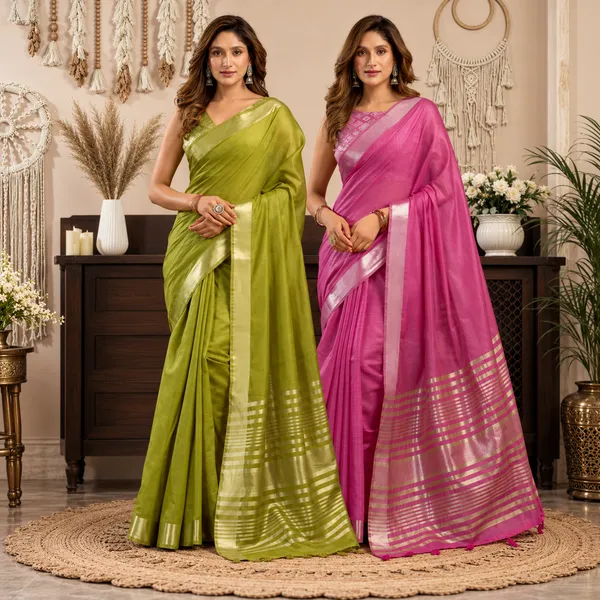 Olive_Green_&_Pink_Khadi_Cotton_Saree_Duo