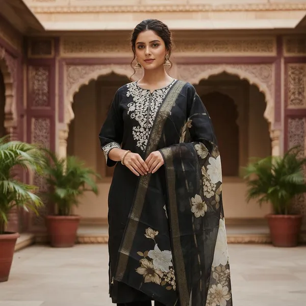Black_Embroidered_Kurta_Set_With_Floral_Dupatta_for_Women