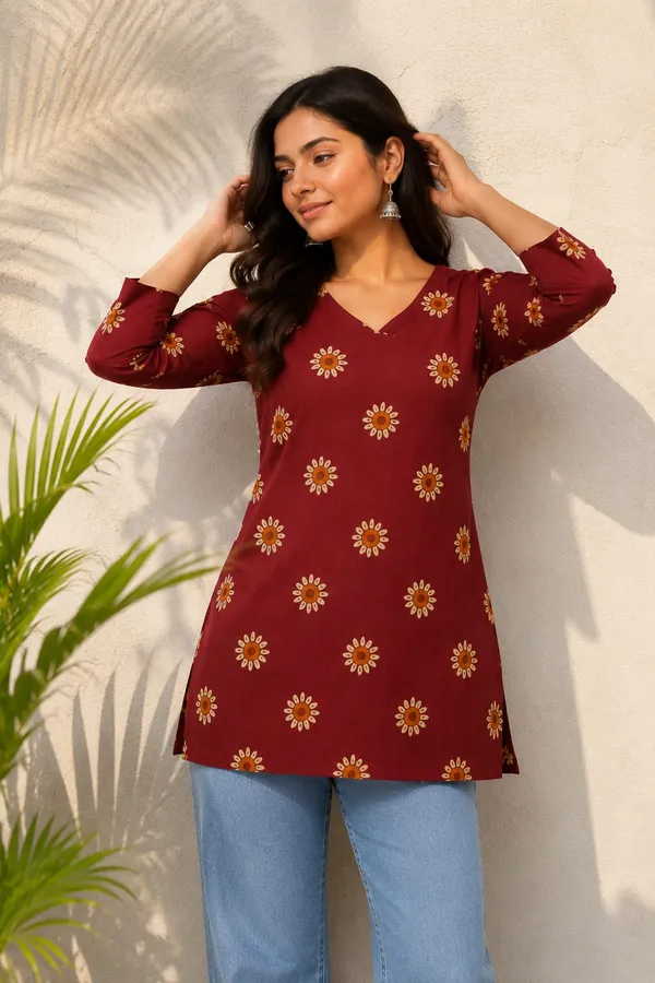 Maroon_Floral_Print_Straight_Kurti_for_Women