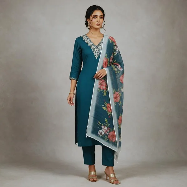 Teal_Embroidered_Kurta_Set_With_Floral_Dupatta_For_Women