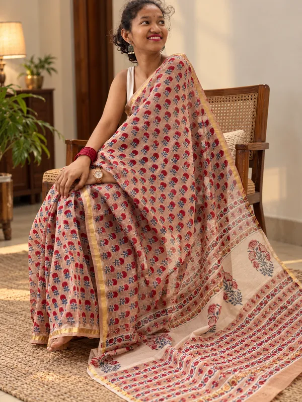 Beige_Silk_Cotton_Block_Print_Saree_For_Women