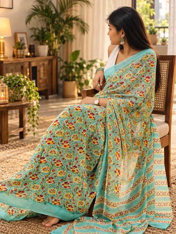 Sea_Green_Georgette_Silk_Hand_Block_Printed_Saree_For_Women