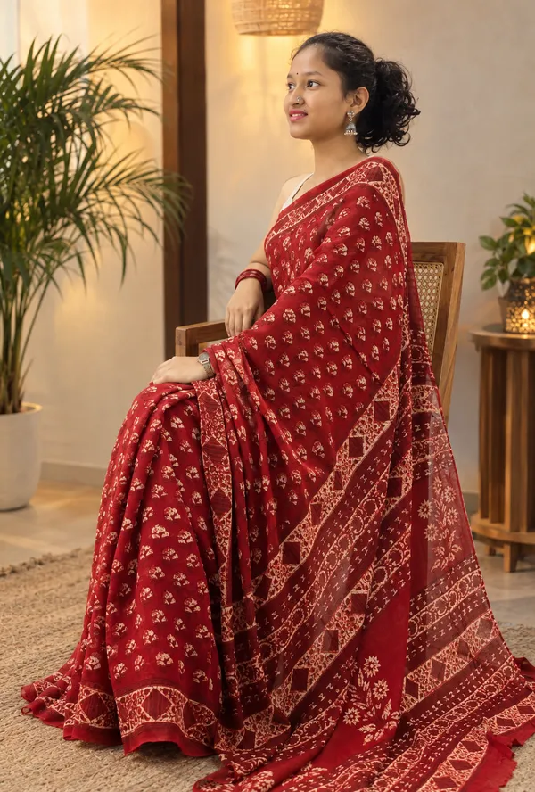 Red_Georgette_Hand_Block_Printed_Saree_For_Women