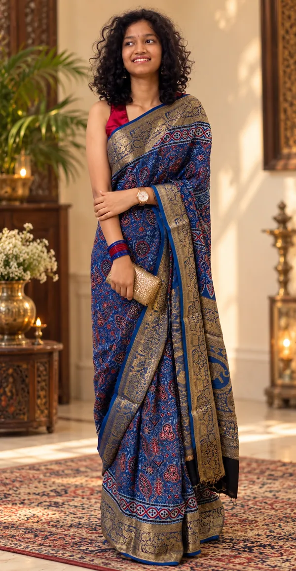 Blue_Bemberg_Silk_Woven_Jacquard_Ajrak_Hand_Block_Printed_Saree_For_Women