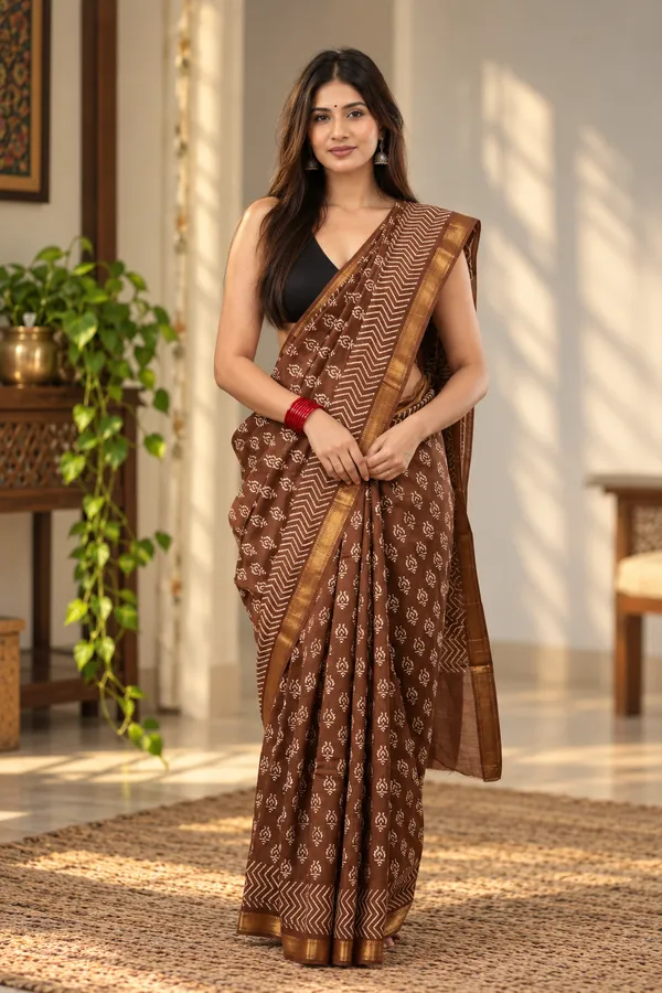 Brown_Silk_Cotton_Hand_Block_Printed_Saree_For_Women