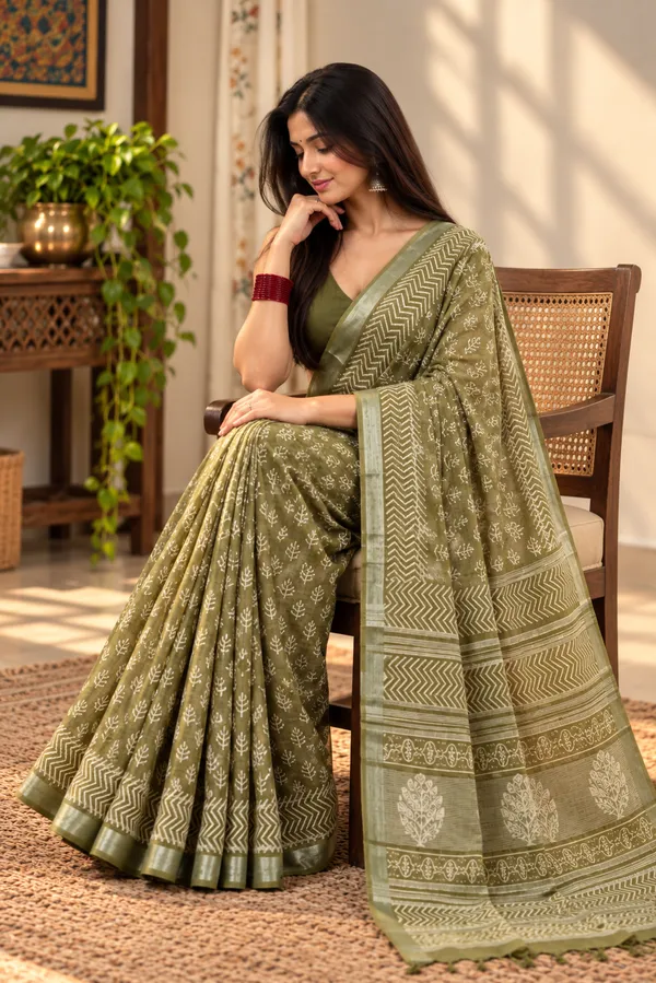 Olive_Green_Linen_Cotton_Hand_Block_Printed_Saree_For_Women