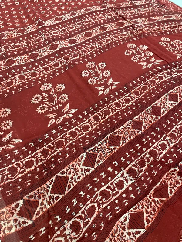 Red_Georgette_Hand_Block_Printed_Saree_For_Women