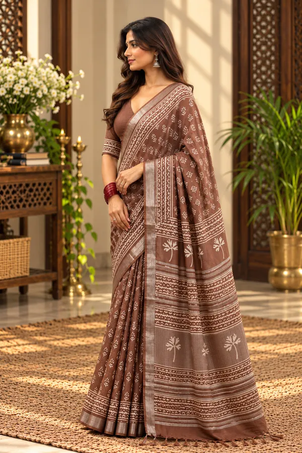Brown_Linen_Cotton_Hand_Block_Printed_Saree_For_Women