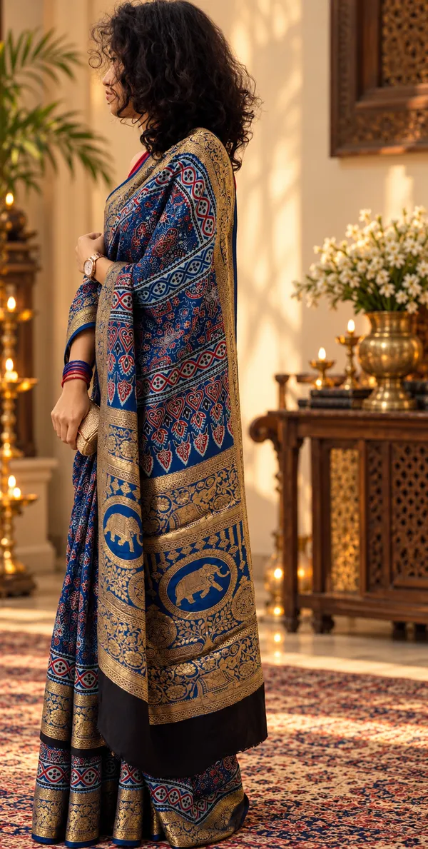 Blue_Bemberg_Silk_Woven_Jacquard_Ajrak_Hand_Block_Printed_Saree_For_Women