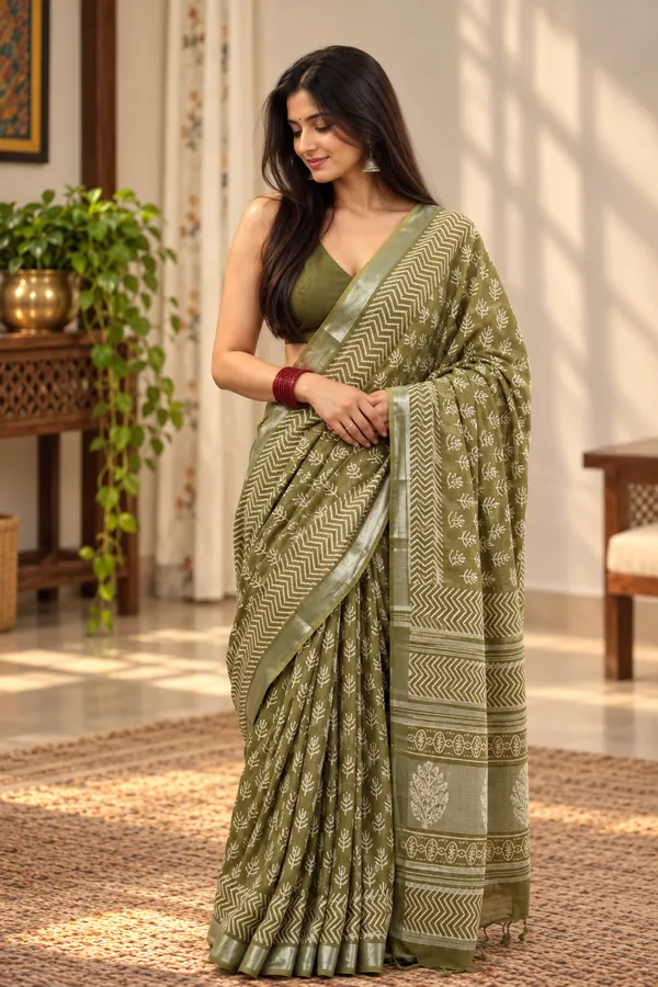Olive_Green_Linen_Cotton_Hand_Block_Printed_Saree_For_Women