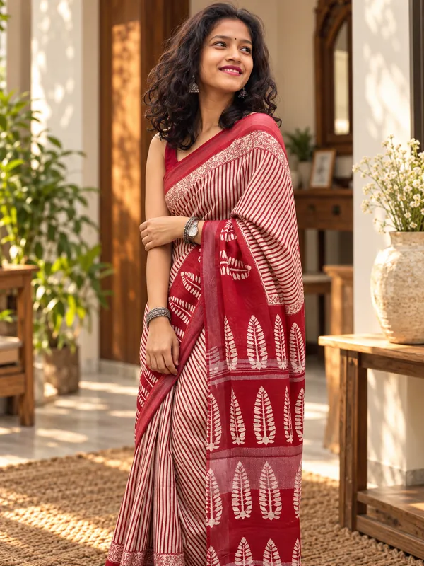 Red_Linen_Cotton_Block_Print_Saree_For_Women