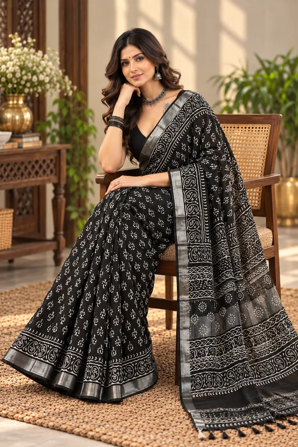 Black_Linen_Cotton_Hand_Block_Printed_Saree_For_Women
