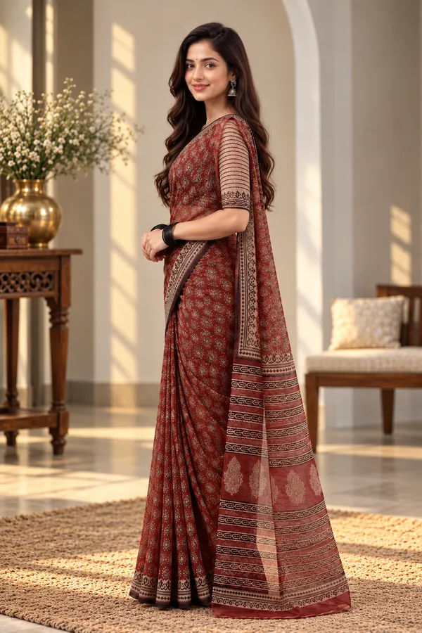 Rust_Cotton_Kota_Doriya_Hand_Block_Printed_Saree_For_Women