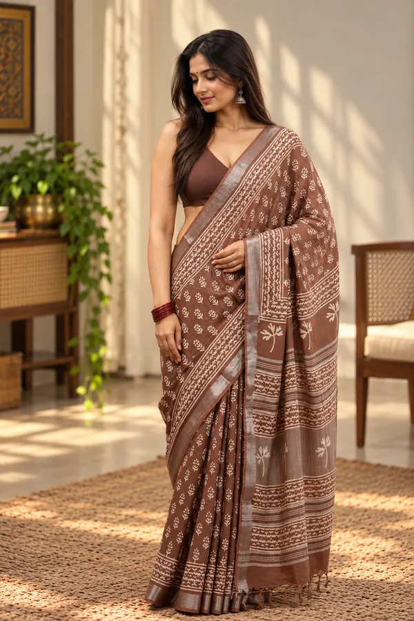 Brown_Linen_Cotton_Hand_Block_Printed_Saree_For_Women