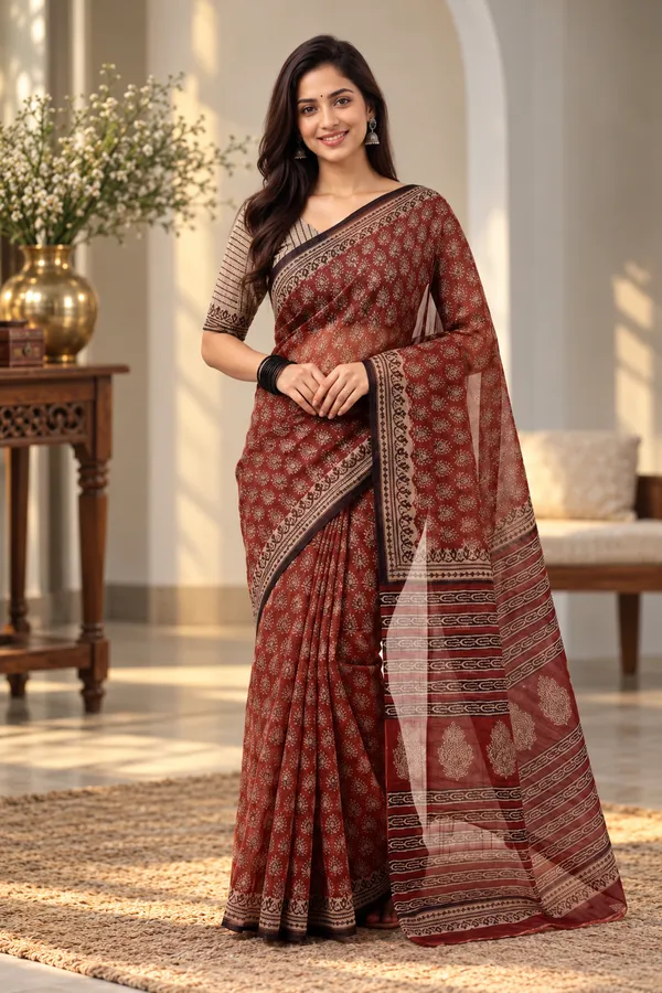 Rust_Cotton_Kota_Doriya_Hand_Block_Printed_Saree_For_Women