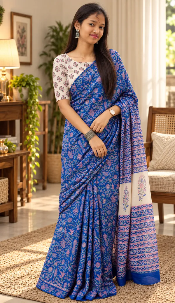 Blue_Georgette_Hand_Block_Printed_Saree_For_Women