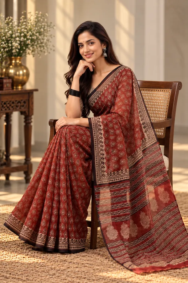 Rust_Cotton_Kota_Doriya_Hand_Block_Printed_Saree_For_Women