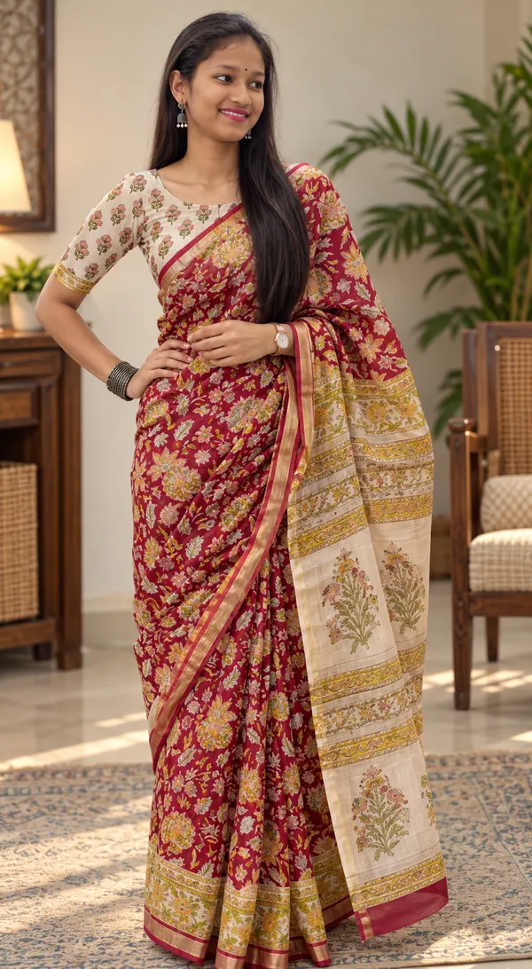 Red_Silk_Cotton_Hand_Block_Printed_Saree_For_Women