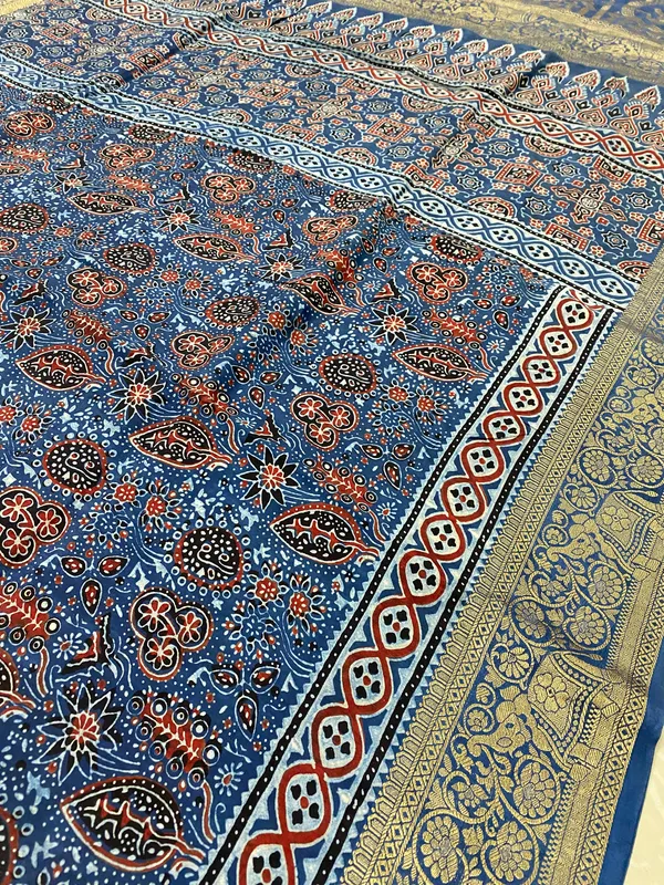 Blue_Bemberg_Silk_Woven_Jacquard_Ajrak_Hand_Block_Printed_Saree_For_Women