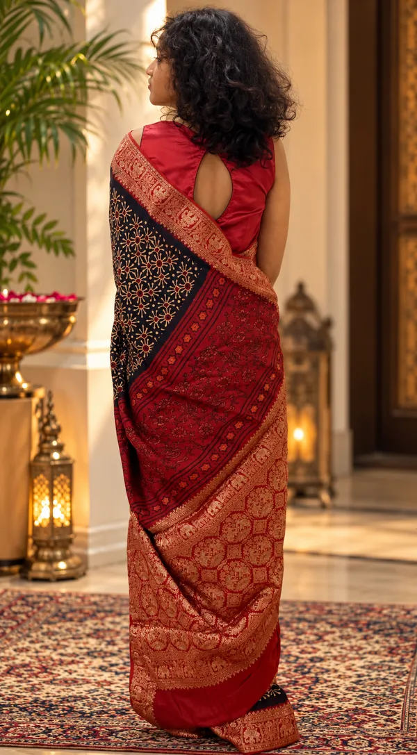 Black_Gajji_Silk_Woven_Jacquard_Brocade_with_Hand_Block_Printed_Saree_For_Women