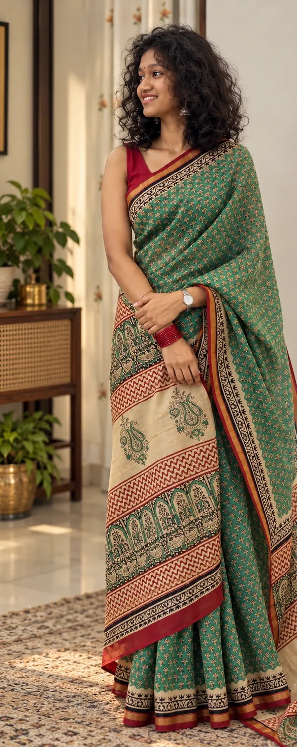 Green_Silk_Cotton_Block_Print_Saree_For_Women