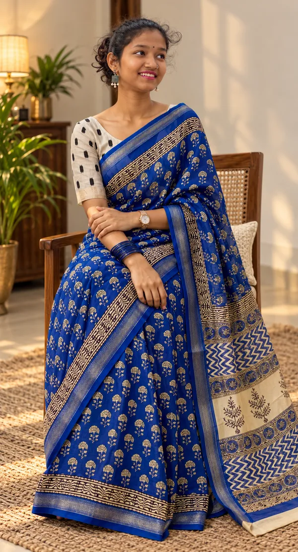 Blue_Silk_Cotton_Hand_Block_Printed_Saree_For_Women