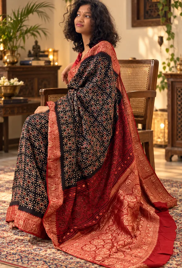 Black_Gajji_Silk_Woven_Jacquard_Brocade_with_Hand_Block_Printed_Saree_For_Women