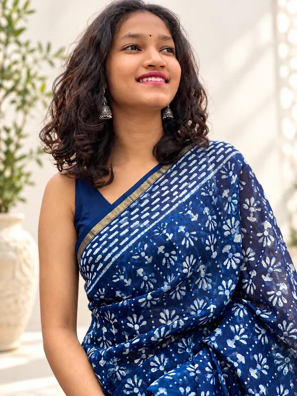 Indigo_Silk_Cotton_Daboo_Hand_Block_Printed_Saree_For_Women