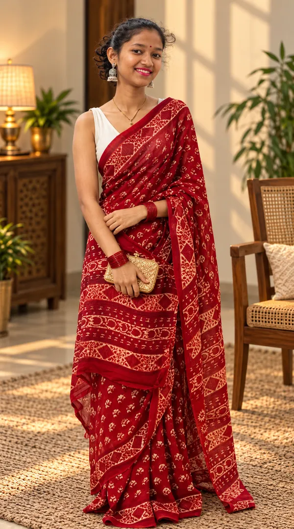 Red_Georgette_Hand_Block_Printed_Saree_For_Women