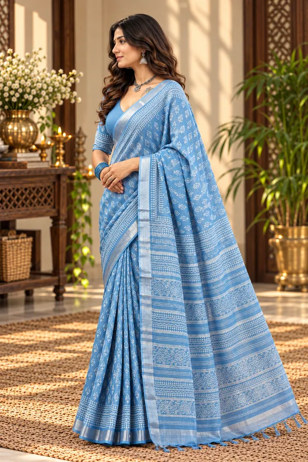 Blue_Linen_Cotton_Hand_Block_Printed_Saree_For_Women