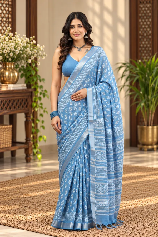 Blue_Linen_Cotton_Hand_Block_Printed_Saree_For_Women