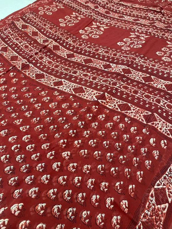 Red_Georgette_Hand_Block_Printed_Saree_For_Women