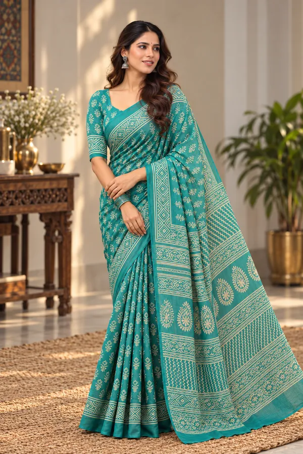 Green_Cotton_Mul_Hand_Block_Printed_Saree_For_Women