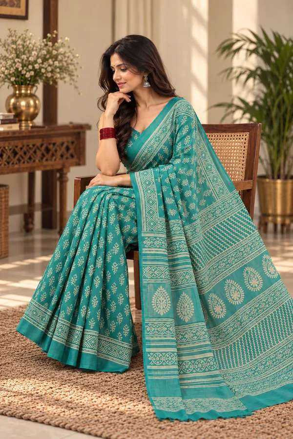 Green_Cotton_Mul_Hand_Block_Printed_Saree_For_Women
