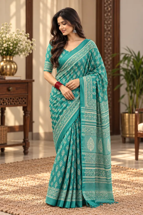 Green_Cotton_Mul_Hand_Block_Printed_Saree_For_Women