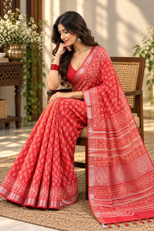 Red_Linen_Cotton_Hand_Block_Printed_Saree_For_Women