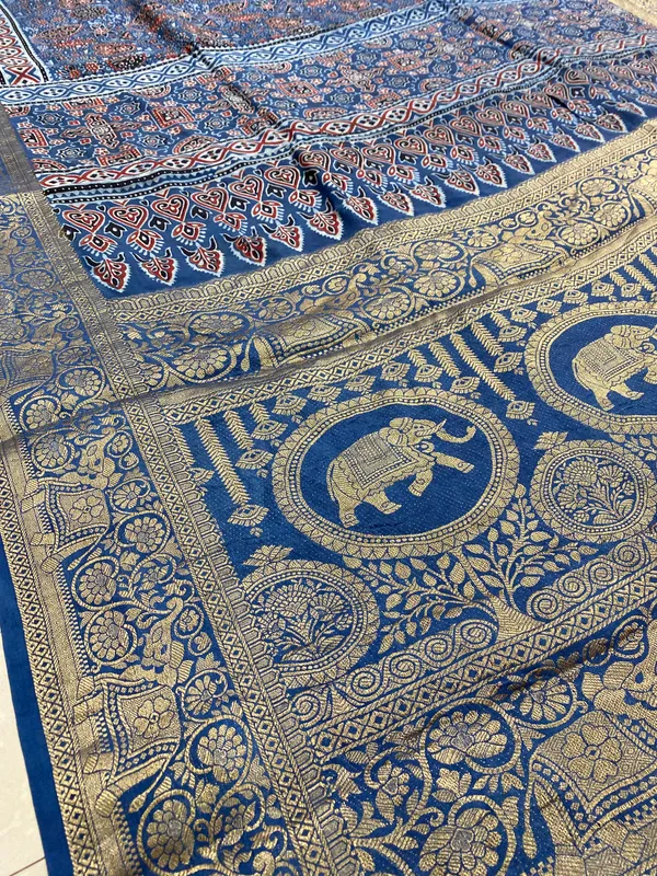 Blue_Bemberg_Silk_Woven_Jacquard_Ajrak_Hand_Block_Printed_Saree_For_Women