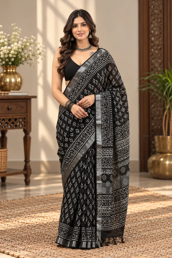 Black_Linen_Cotton_Hand_Block_Printed_Saree_For_Women
