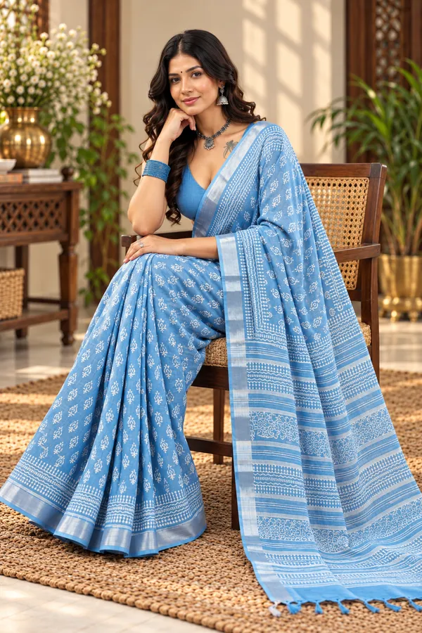 Blue_Linen_Cotton_Hand_Block_Printed_Saree_For_Women