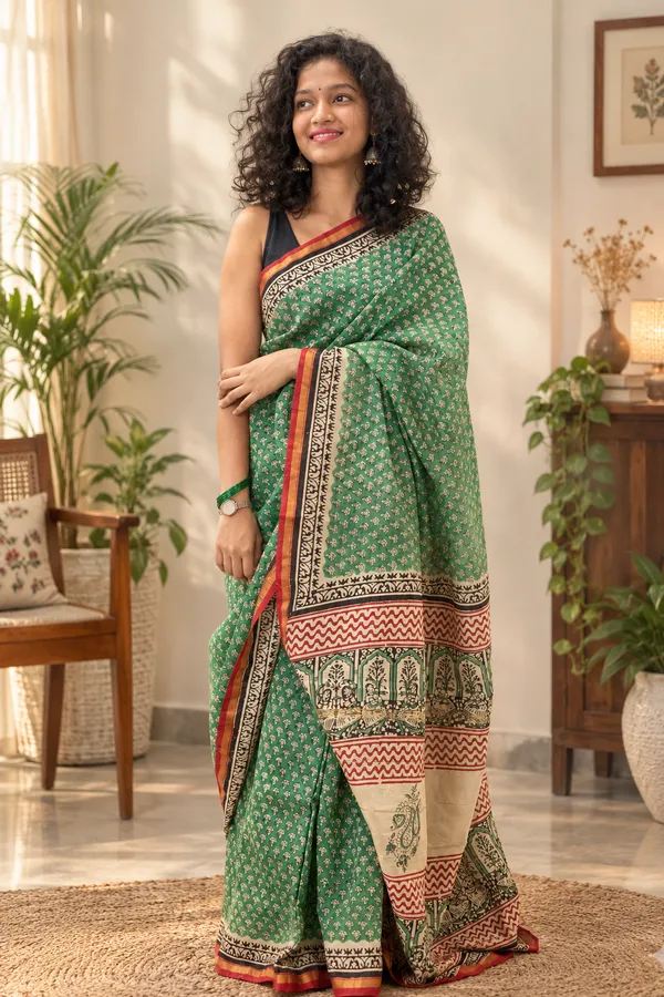 Green_Silk_Cotton_Block_Print_Saree_For_Women