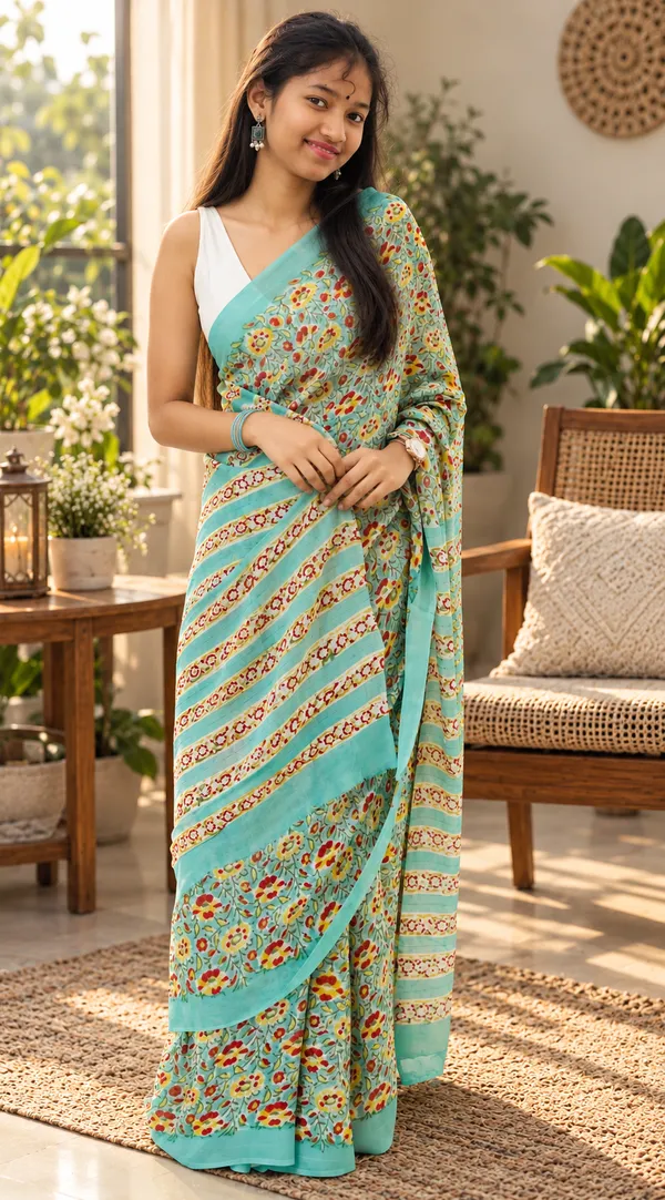 Sea_Green_Georgette_Silk_Hand_Block_Printed_Saree_For_Women