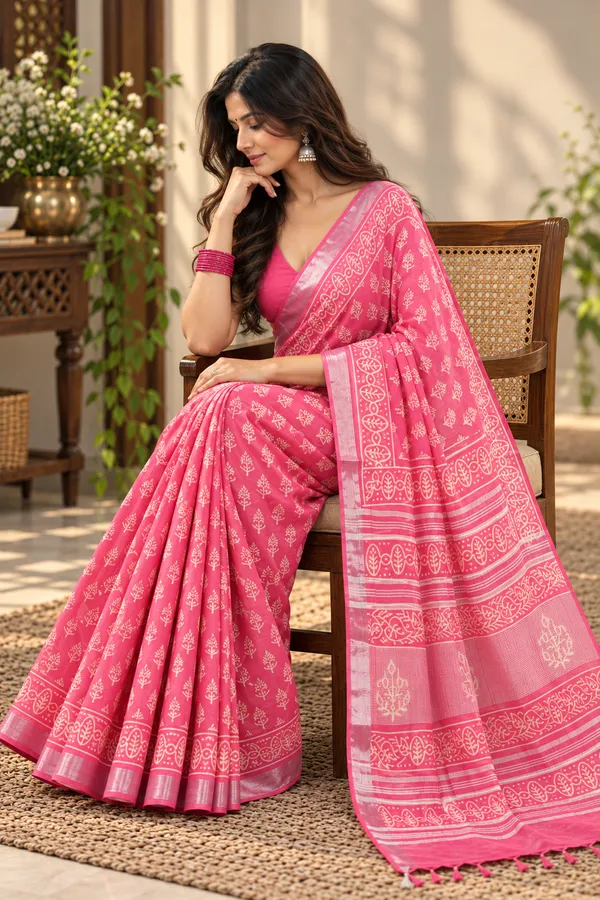 Pink_Linen_Cotton_Block_Print_Saree_For_Women
