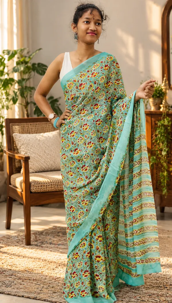 Sea_Green_Georgette_Silk_Hand_Block_Printed_Saree_For_Women