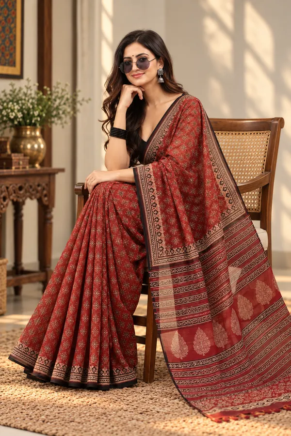 Rust_Cotton_Kota_Doriya_Hand_Block_Printed_Saree_For_Women