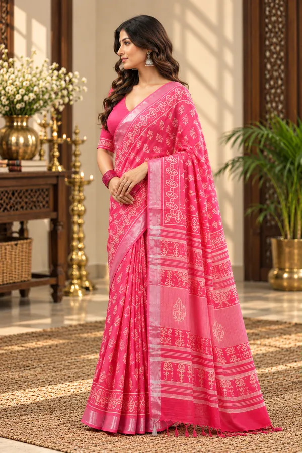 Pink_Linen_Cotton_Block_Print_Saree_For_Women