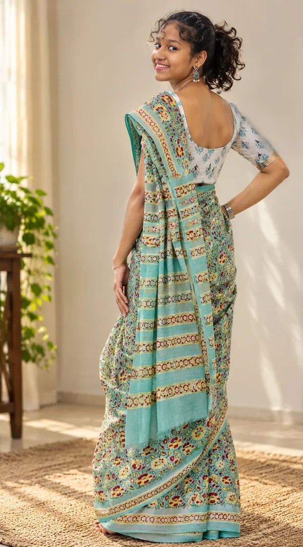 Sea_Green_Georgette_Silk_Hand_Block_Printed_Saree_For_Women