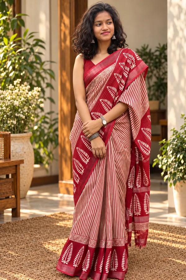 Red_Linen_Cotton_Block_Print_Saree_For_Women