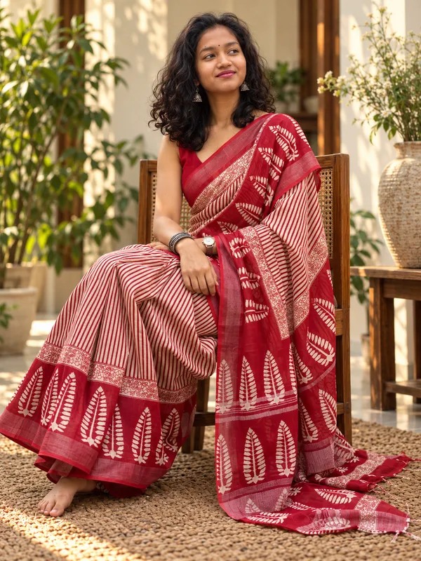 Red_Linen_Cotton_Block_Print_Saree_For_Women