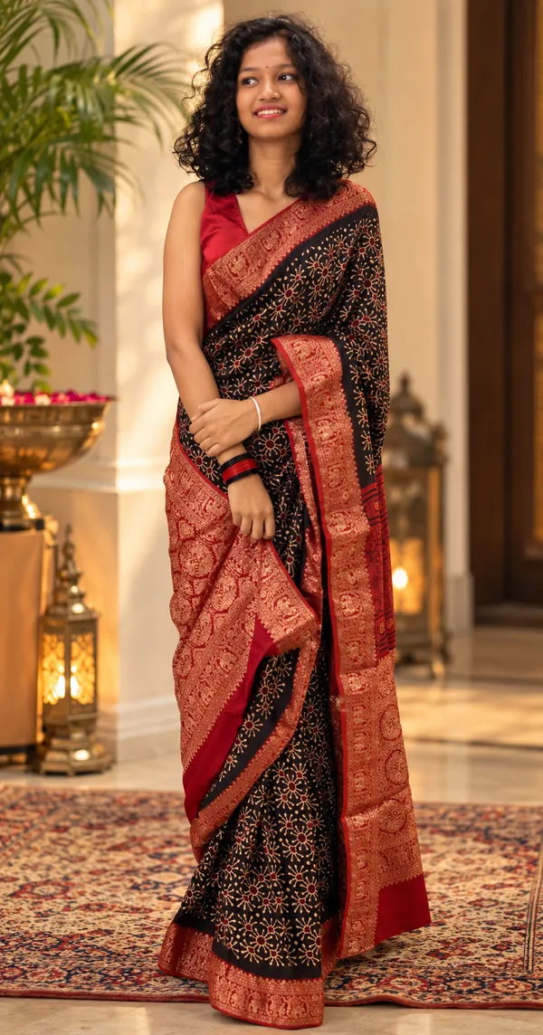 Black_Gajji_Silk_Woven_Jacquard_Brocade_with_Hand_Block_Printed_Saree_For_Women